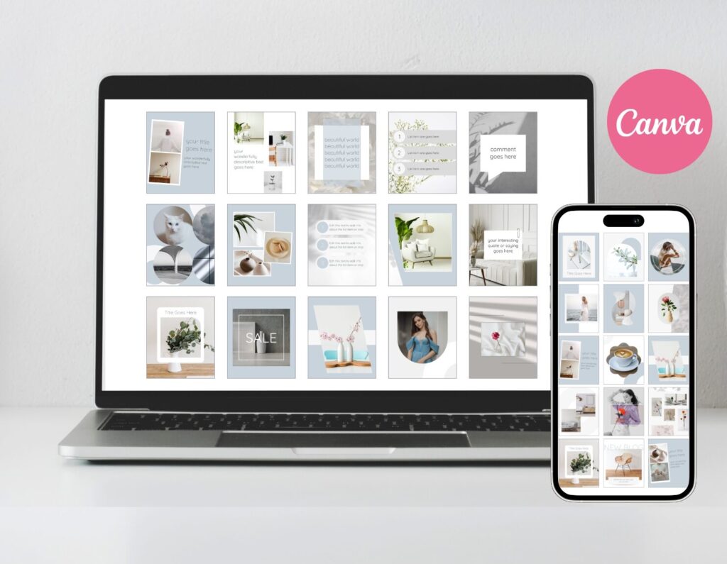 laptop and phone mockup showing social media post Canva template designs