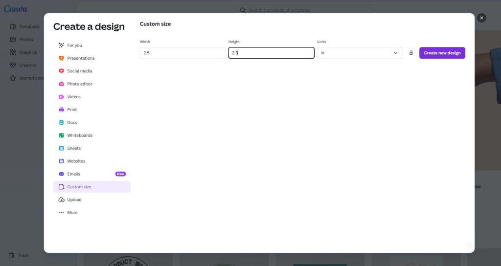 screenshot setting up a new design for sticker