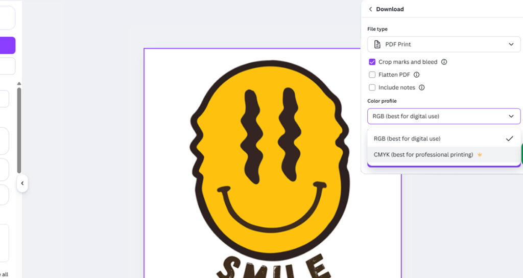 screenshot showing exporting settings for a sticker design for print in Canva
