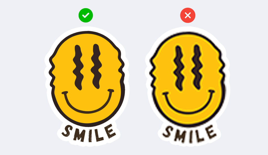 example of crisp good quality sticker design vs low quality blurry sticker design