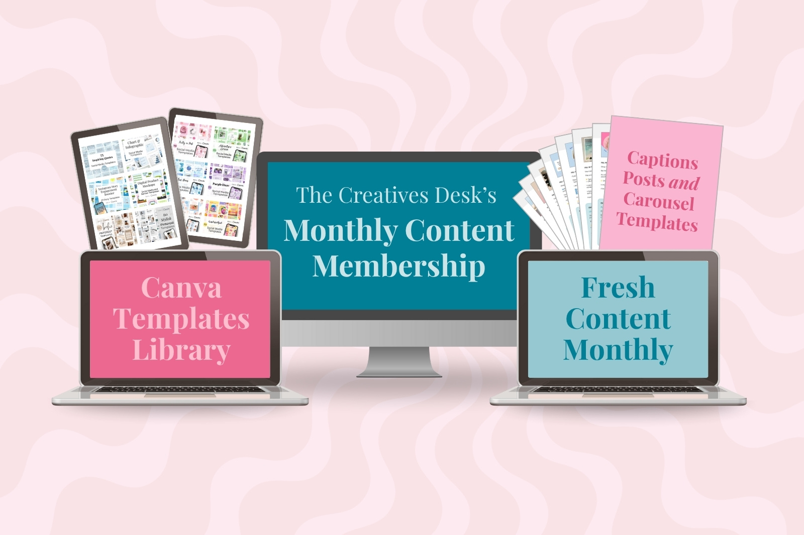 mockup showing the content membership canva templates library and post captions