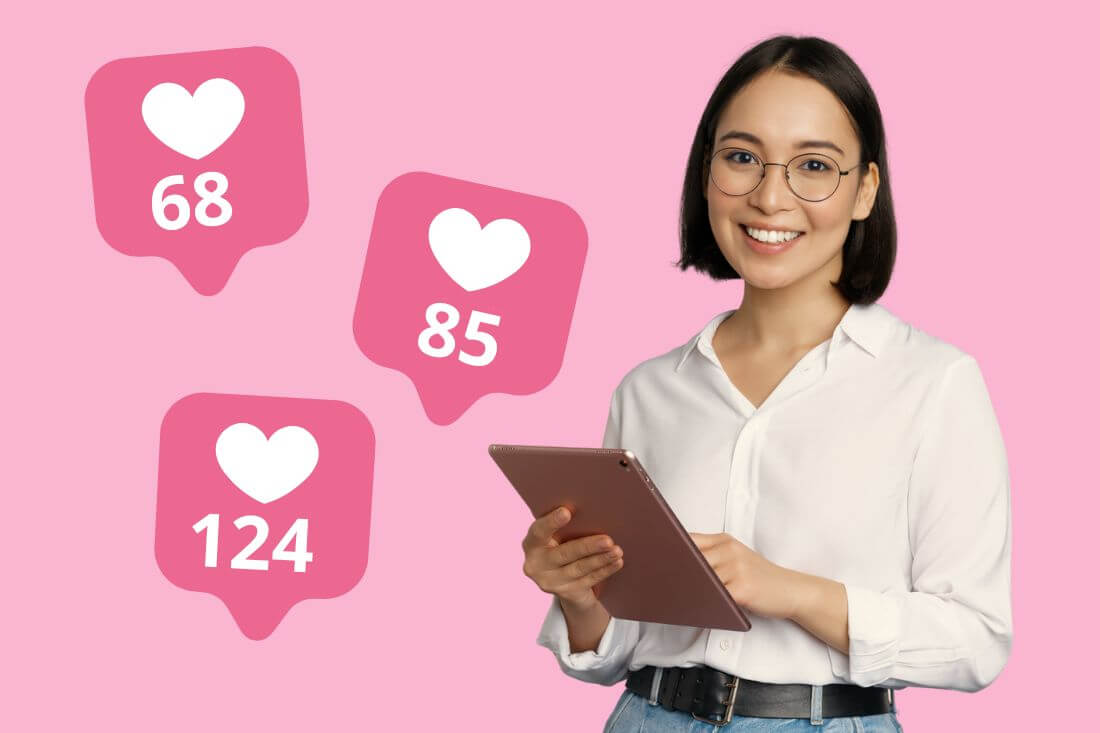 Women with iPad next to Instagram post like counts