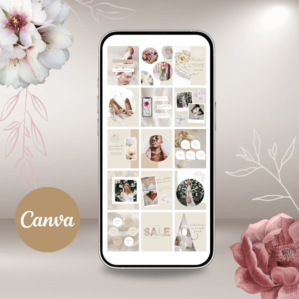 Instagram feed phone mock up of elegant Canva templates designs