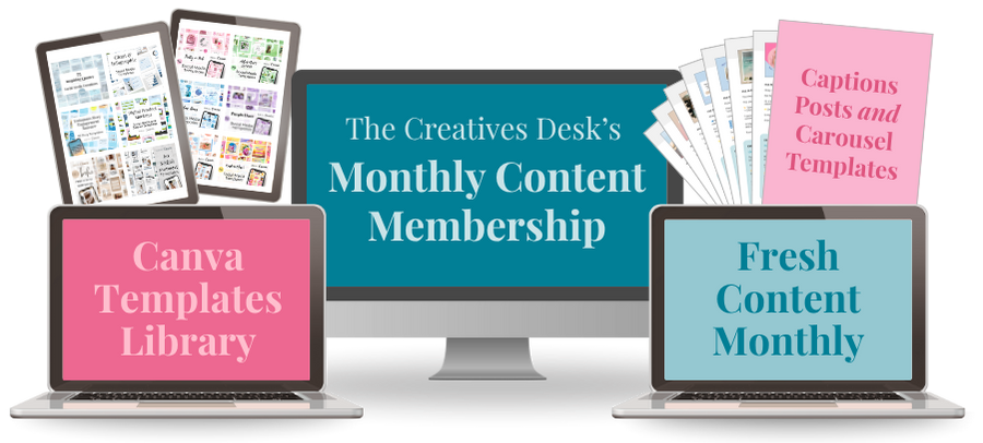 mockup showing the content membership canva templates library and post captions