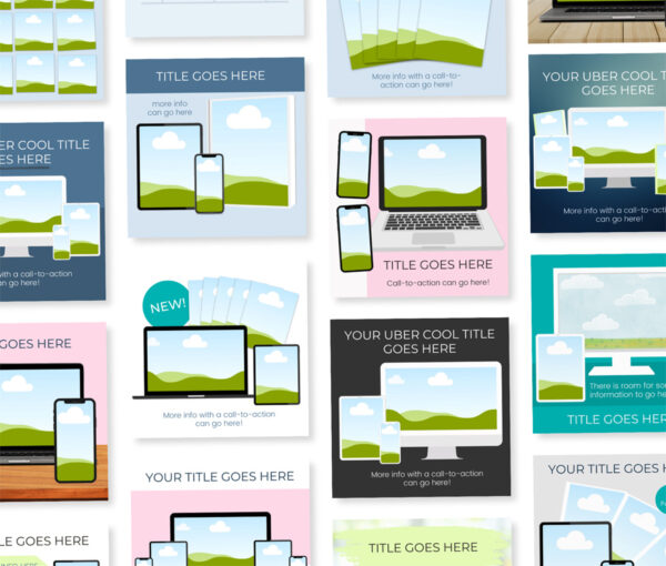 Examples of several digital product mockup templates for Canva