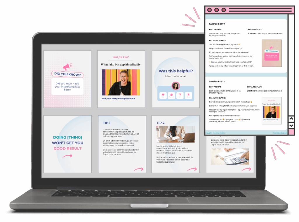 Laptop mockup screen showing the post designs and a page showing the sample caption templates