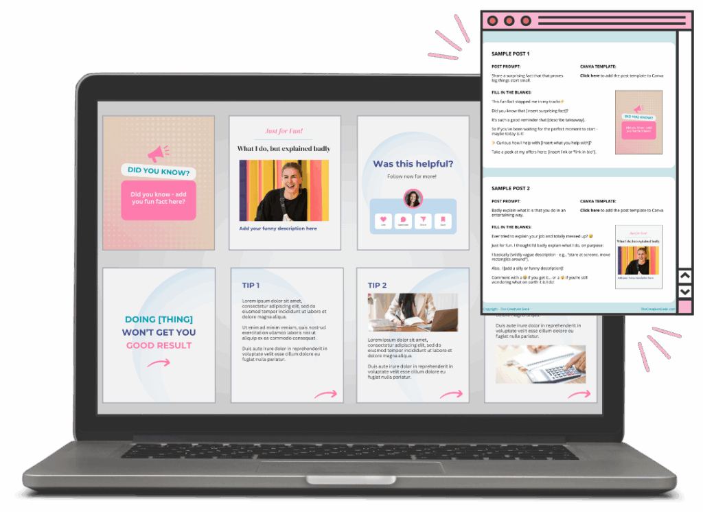 Laptop mockup screen showing the post designs and a page showing the sample caption templates