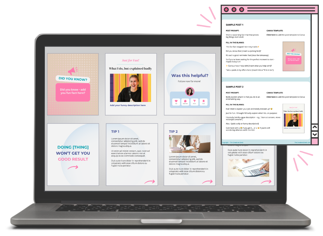 Laptop mockup screen showing the post designs and a page showing the sample caption templates