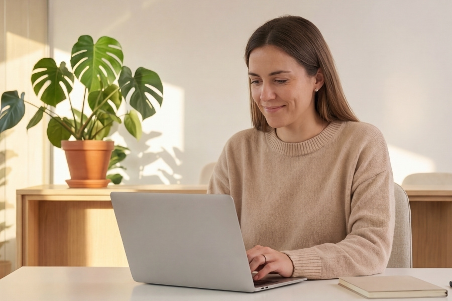 woman typing on laptop