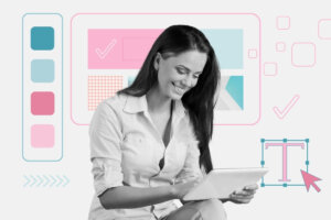 woman writing design brief on tablet with pick and jade graphic design elements behind her
