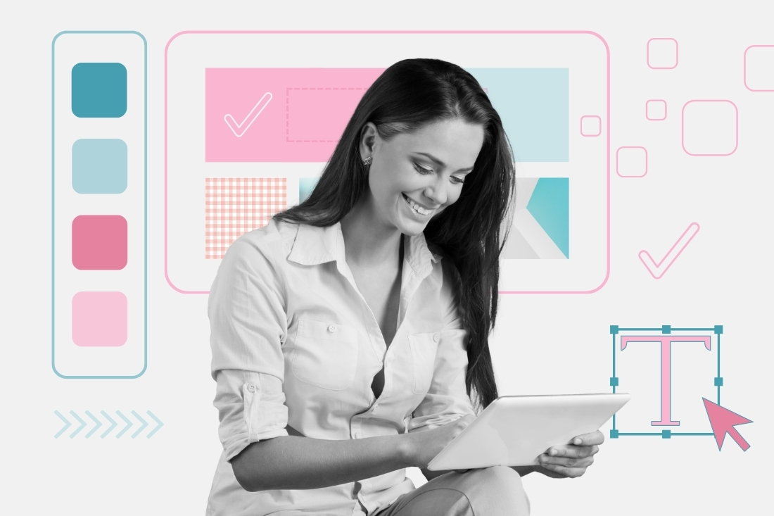 woman writing design brief on tablet with pick and jade graphic design elements behind her
