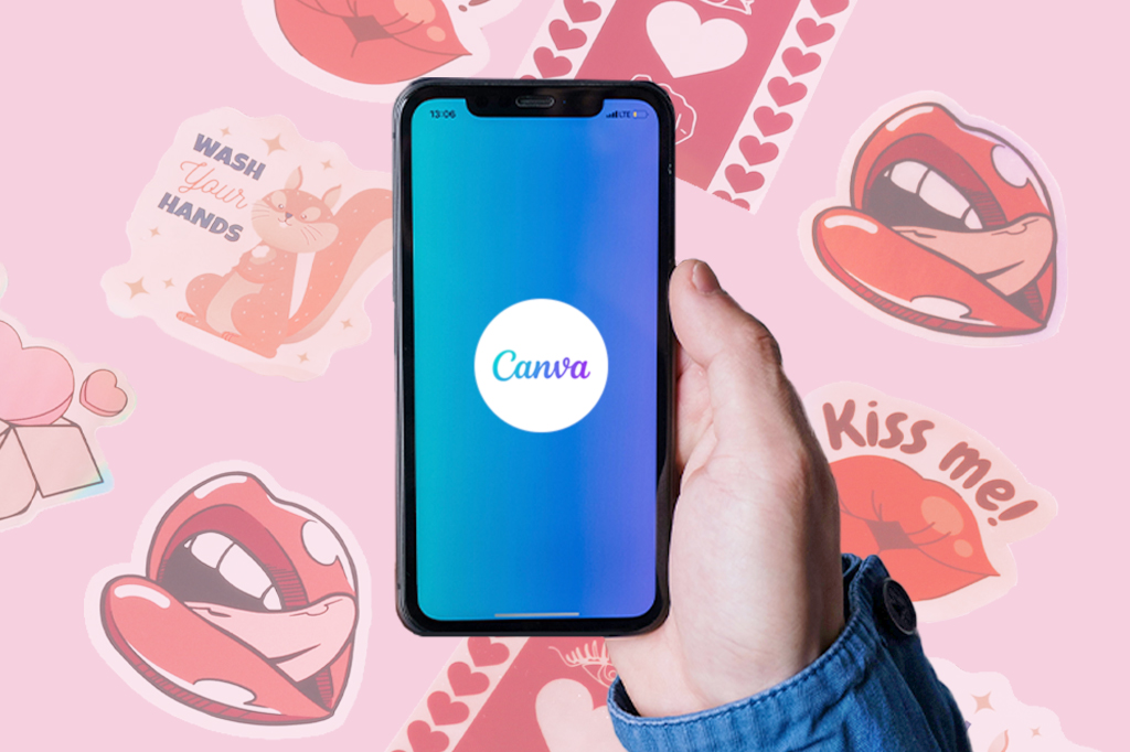 hand holding phone showing Canva app the pink background shows fun and cute stickers