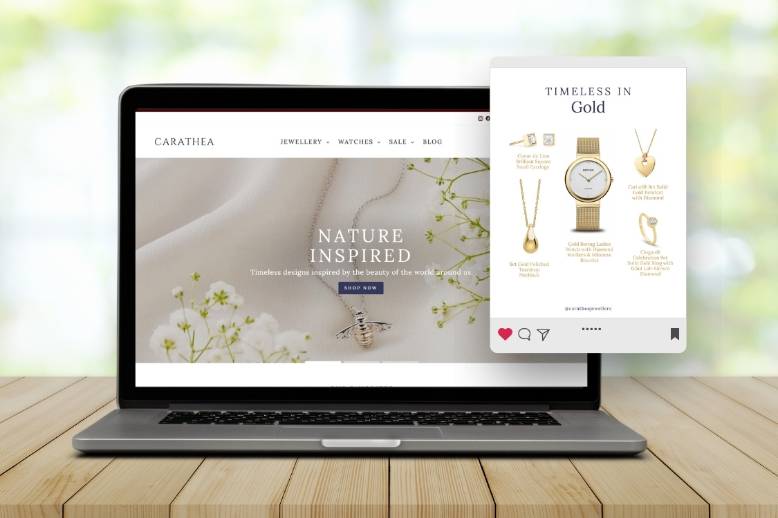 laptop mock up with jewellery website and a social media post design example
