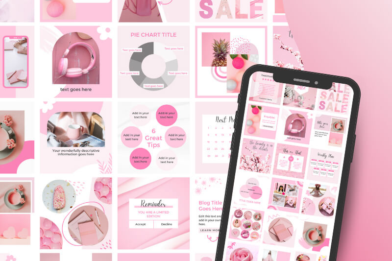 square pink Canva templates and phone mockup