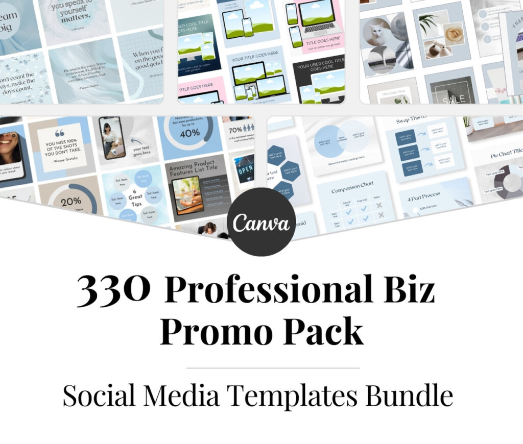 bundled product listing image with examples of the 330 professional business Canva templates included