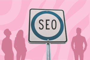 SEO road sign surrounded by people