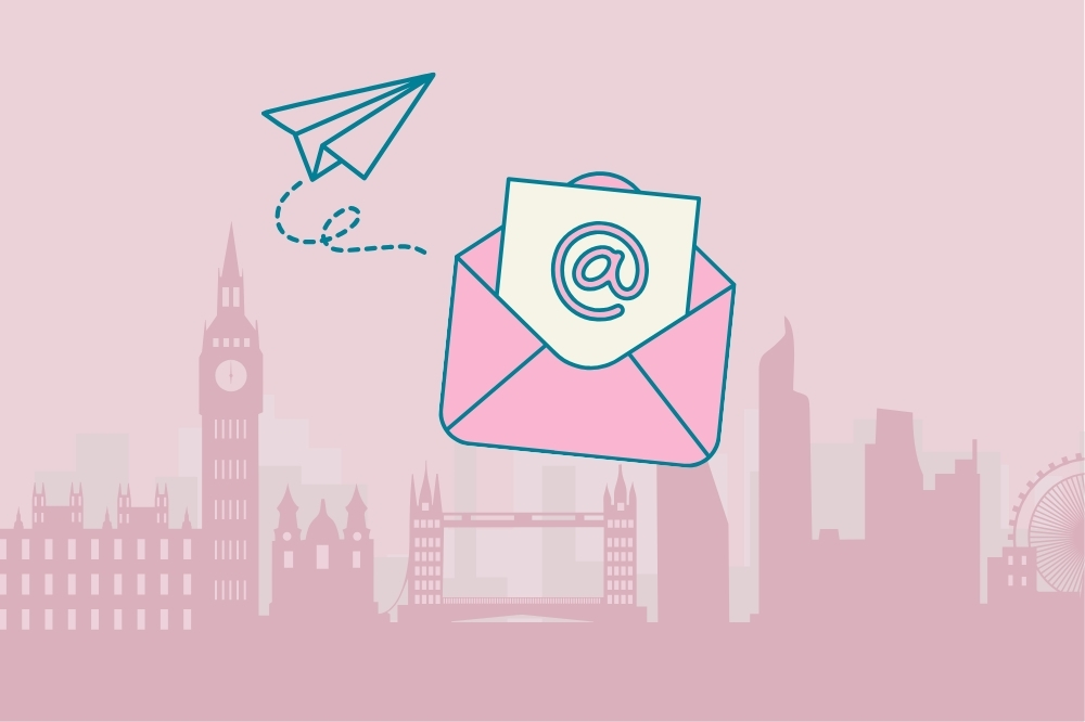 pink graphic featuring the London cityscape and an email and paper aeroplane icon