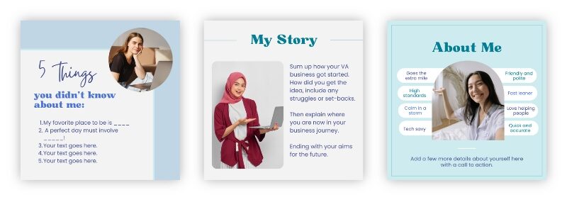 Three virtual assistant about me my story example post designs