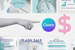 Finger pointing at Canva logo and dollar sign